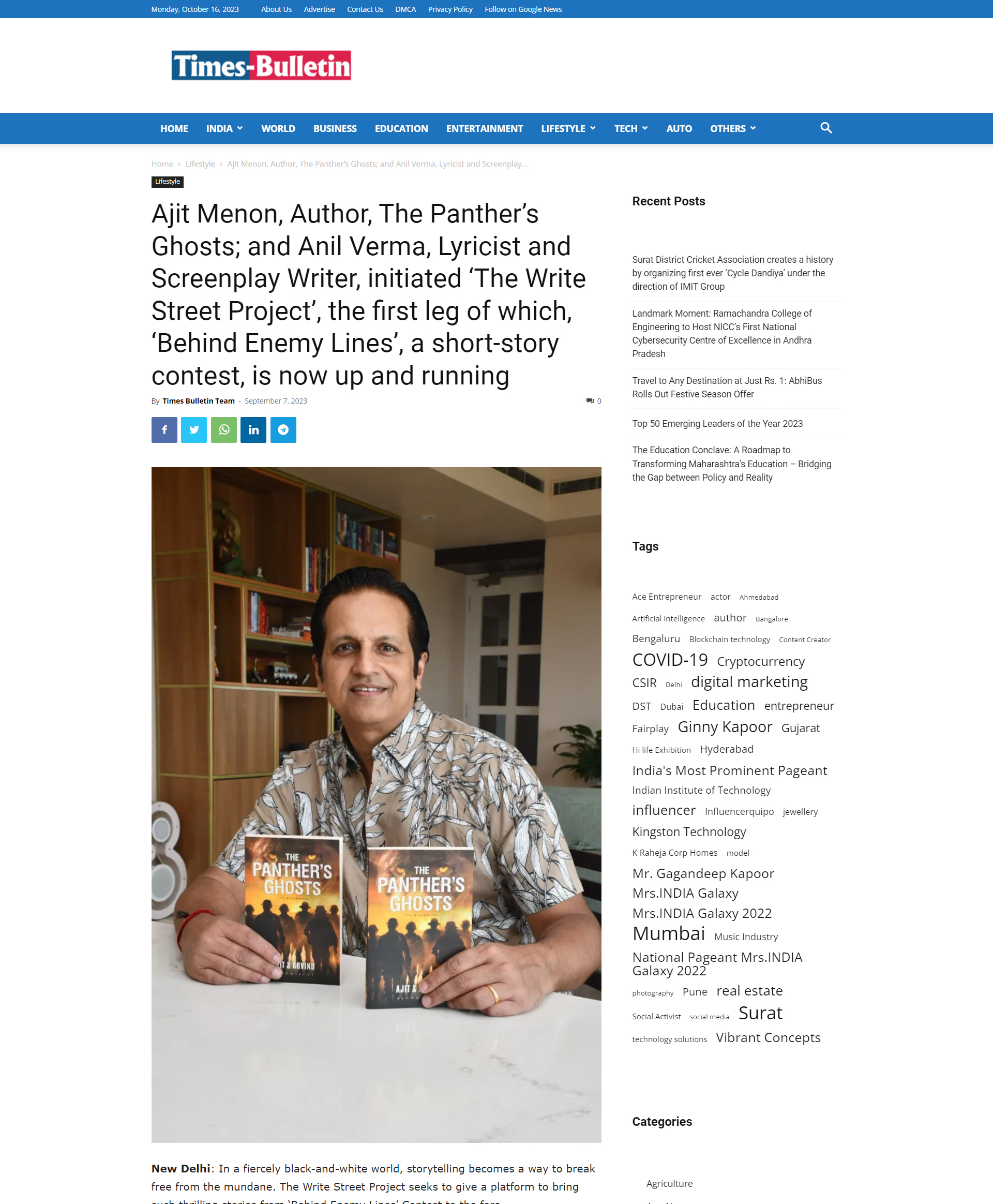 Read more about the article Ajit Menon, Author, The Panther’s Ghosts; and Anil Verma, Lyricist and Screenplay Writer, initiated ‘The Write Street Project’, the first leg of which, ‘Behind Enemy Lines’, a short-story contest, is now up and running