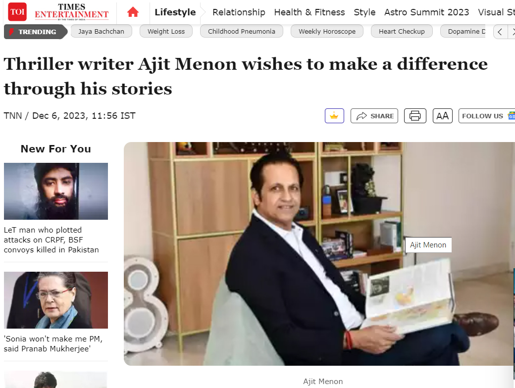 Read more about the article Thriller writer Ajit Menon wishes to make a difference through his stories